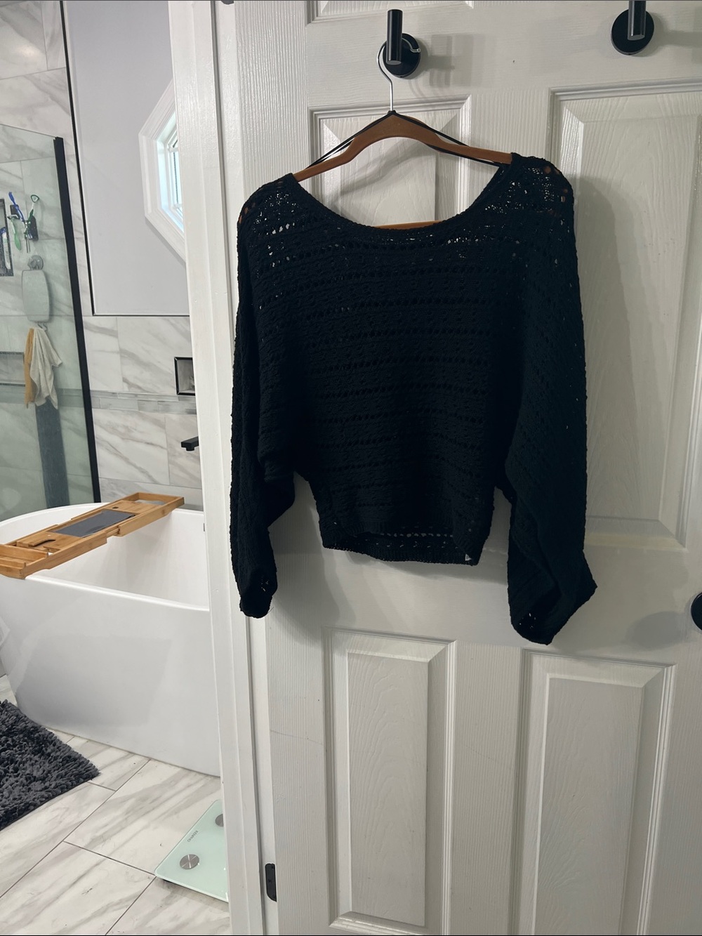 Zara Black Open Knit Crochet Balloon Slit Sleeve Sweater Size S